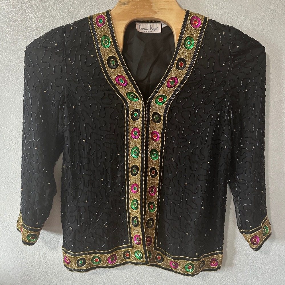 Laurence Kazar Beaded Silk Jacket Embellished Party Evening Top‎ Black Medium